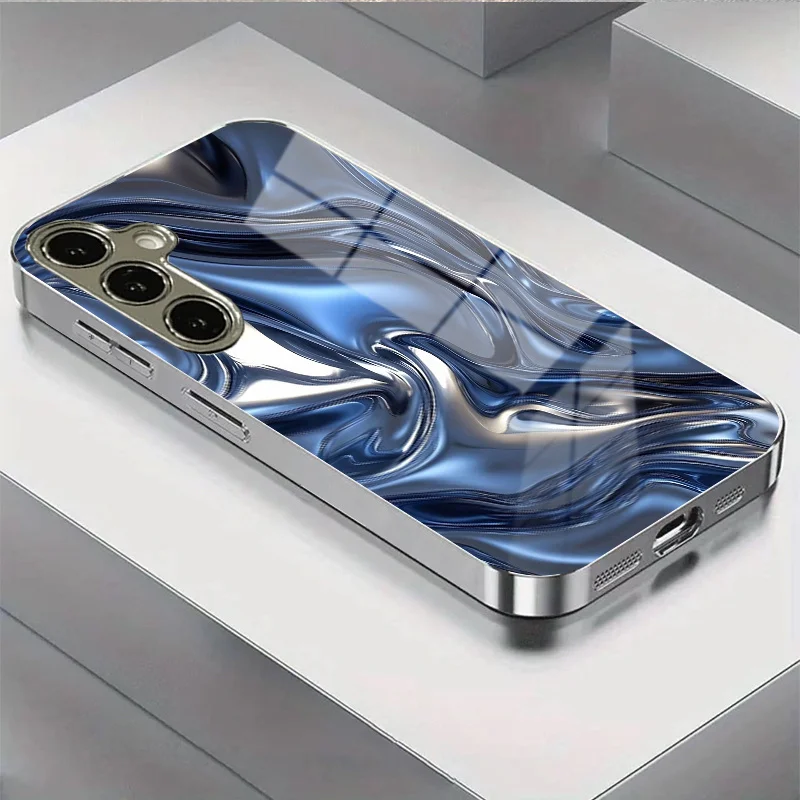 Blue silver swirl electroplated tempered glass phone case, suitable for Samsung Galaxy S26/S25/S24/S23/S22/S21 and other models