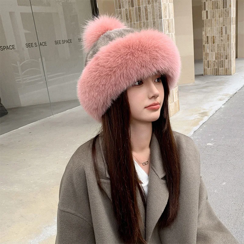 Women's Fashion Korean Mongolian Hat Fluffy Fox Fur Casual Thermal Hat Trend Outdoor Windproof Mink Hat Winter New 2023