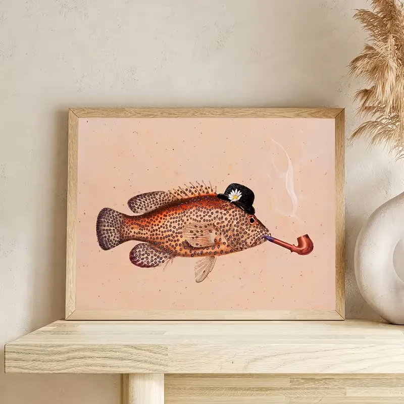 

Retro-style Canvas Posters, Comical Grouper with Pipe Prints, Ink Murals for Modern Living Room and Bedroom Home Decoration