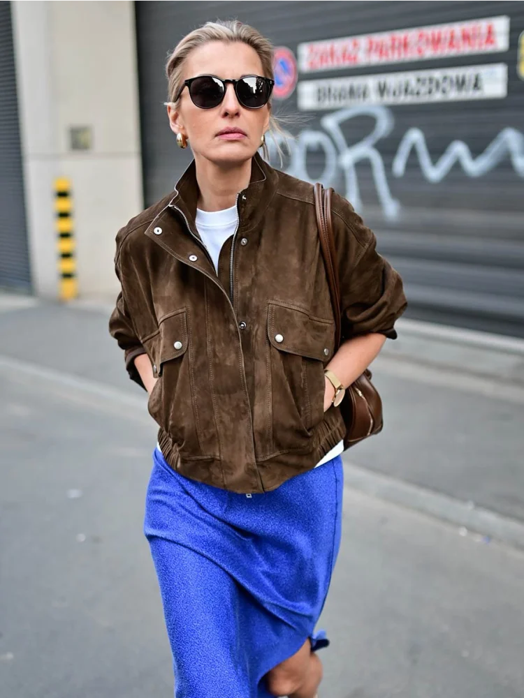 

Zipper Suede Cargo Jacket Coat Button Lapel Maillard Slimming Workwear Leather Jackets Casual Short Outwear Commute Overcoat