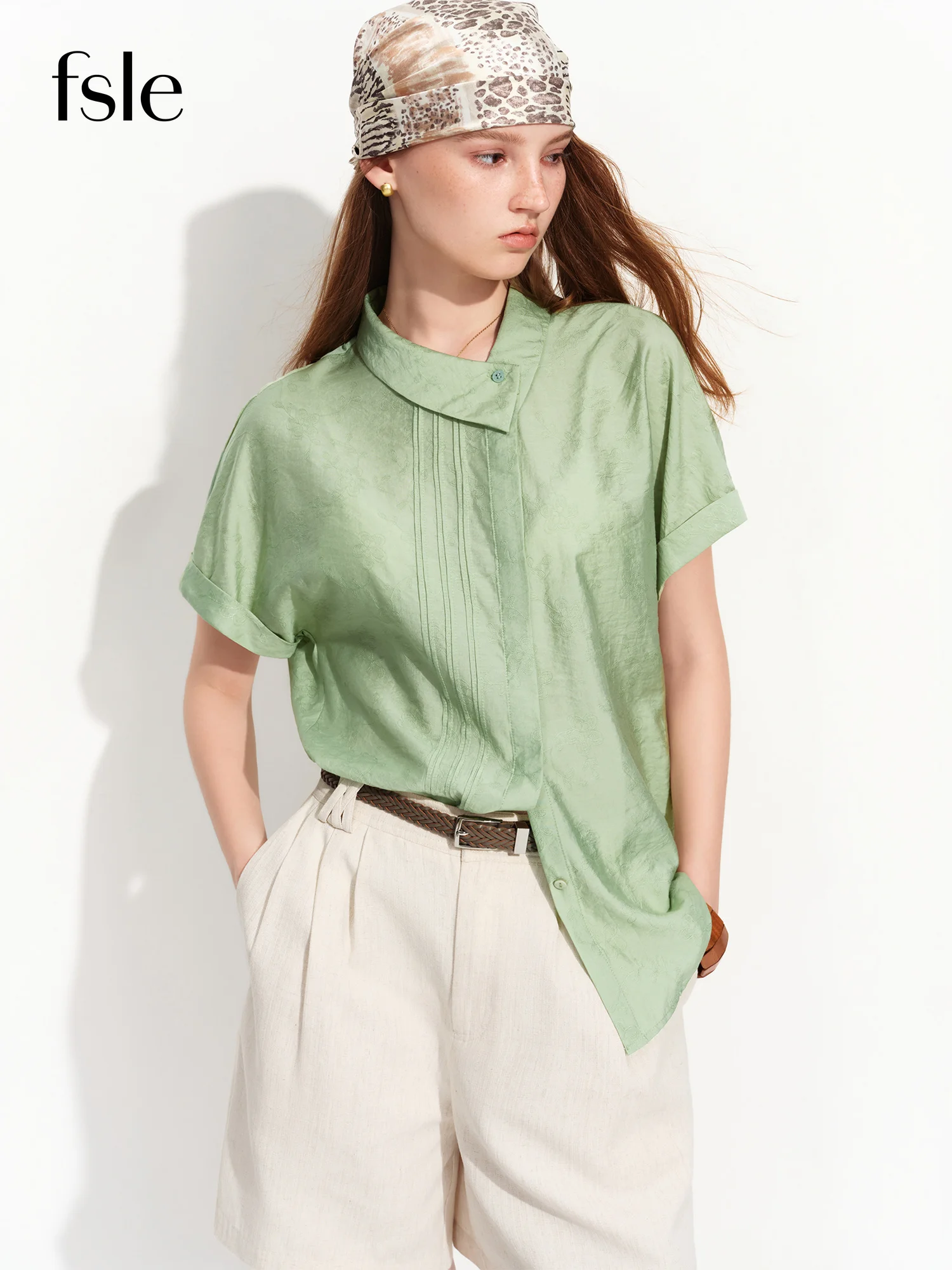FSLE 2026 Summer Women‘s Asymmetric Drop Shoulder Blouse, Notched Collar Short Sleeve Shirt for Relaxed Designer Style Top
