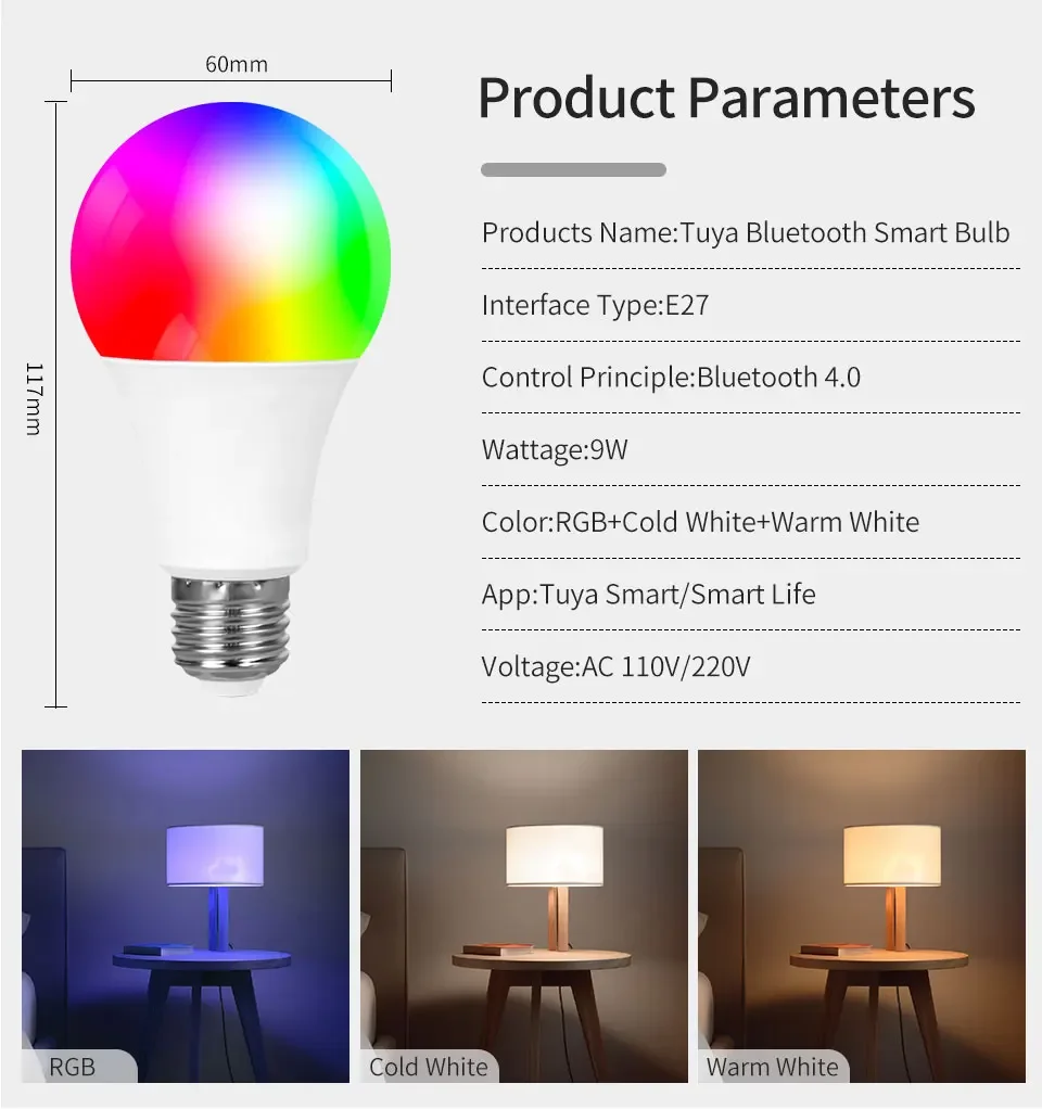 AC 220V 110V Tuya Bluetooth bombilla LED inteligente E27 RGBCW Control de aplicación lámpara LED regulable para sala de estar dormitorio decoración luz