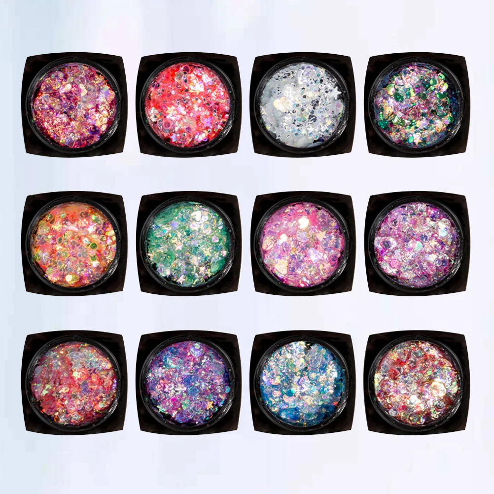 Conjunto de glitter facial, 12 cores, longa duração, flexível, resistente à água, para olhos, unhas, arte corporal, festa, festival, decoração, lantejoulas para
