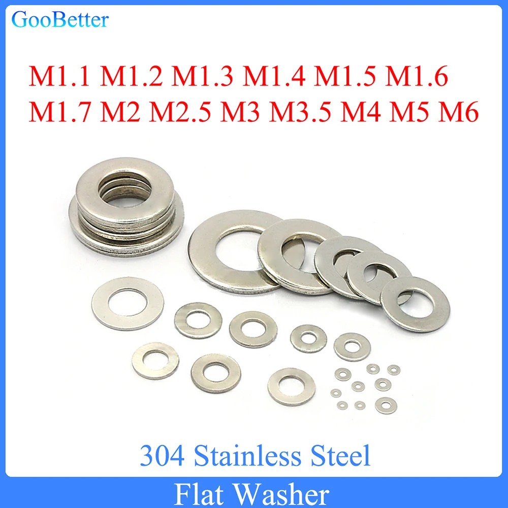 100szt Podkładka płaska M1.1 M1.2 M1.3 M1.4 M1.5 M1.6 M1.7 M2 M2.5 M3 M3.5 M4 M5 M6 304 Metalowa uszczelka ze stali nierdzewnej Podkładki płaskie