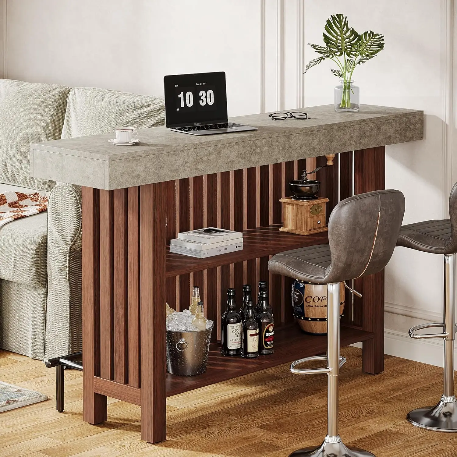 63-Inch Large Home Bar Unit, Modern 2-Tier Bar Table with Footrest, Corner Mini Coffee Bar Cabinet for Home Kitchen Pub, Dining