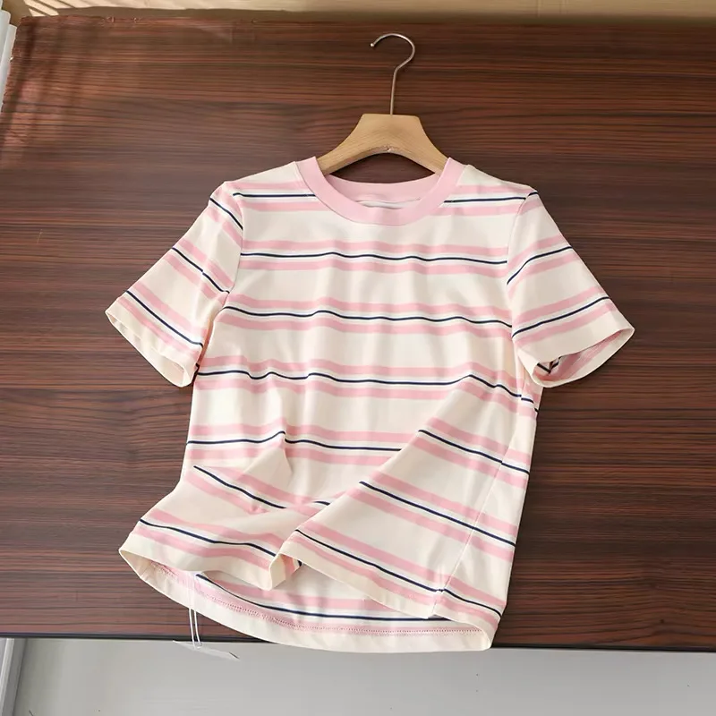 Nordic Style Women's Comfortable Breathable Summer T-Shirt Short Sleeve round Neck Stripe Pattern Lightweight Casual Top