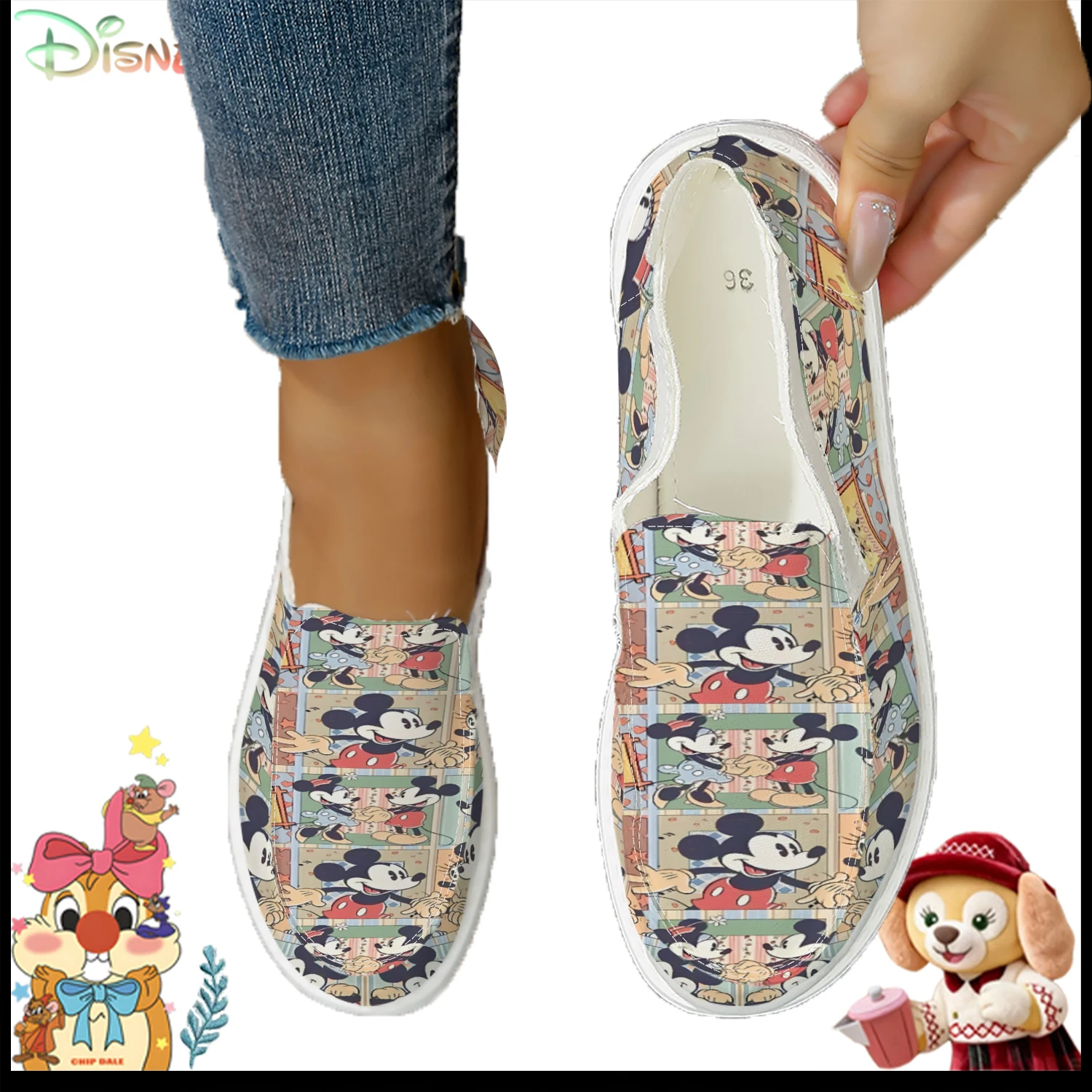 

Disney Vintage Mickey & Minnie Print Slip-On Canvas Shoes, Cute Cartoon Casual Sneakers for Women
