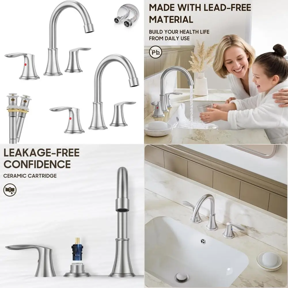 

Set of 2, 8 Brushed Nickel 3-Hole Bathroom Sink Faucets with Stainless Steel Handles and Metal Drain