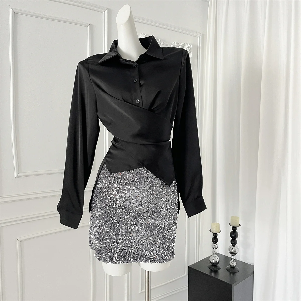 

French Style Irregular Satin Blouse Women's Spring Autumn Cross Slim Long-sleeve Shirt Top Fashion Female Clothes