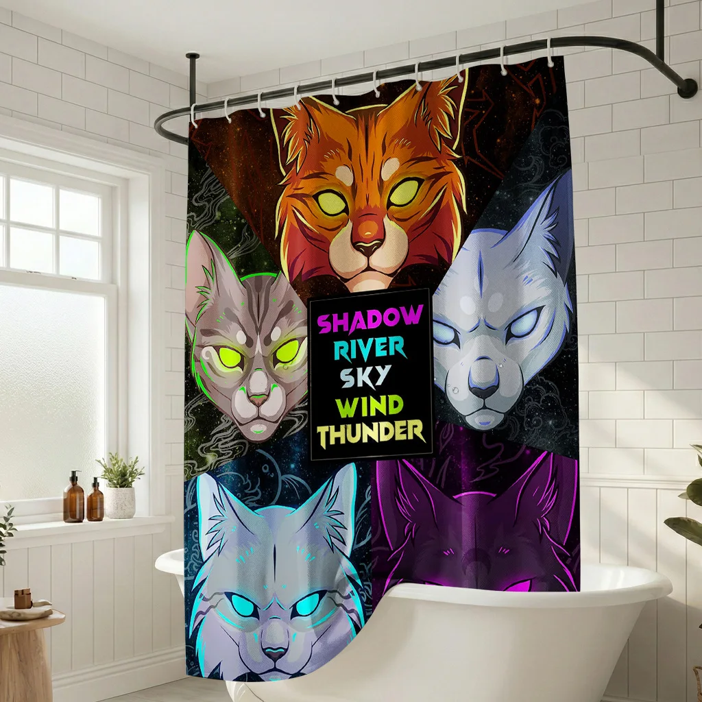 

Warrior Cats Clan Art Shower Curtain - Creative Five Feline Spirits Design - Indoor Home Bathroom Decor Artistic Bath Curtain