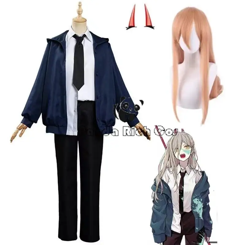 Image of Anime Kettensäge Power Cosplay Kostüme blaue Jacke Hosen Perücke Mädchen Uniform Anzug Mann Halloween Weihnachts kostüme Frauen Kleidung