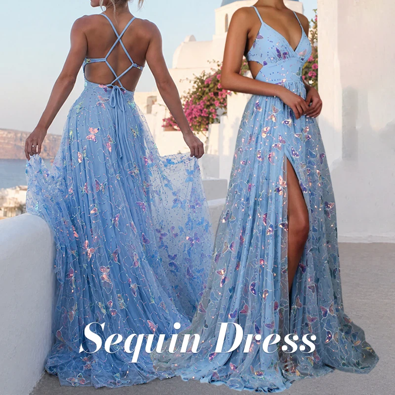 Pailletten-Schmetterlings-Stickerei-Kleid Blau Sexy Schlitz-Kleid mit Spaghettiträgern Bankett-Partykleid Lange Abendkleider Glitzernde Abendkleider