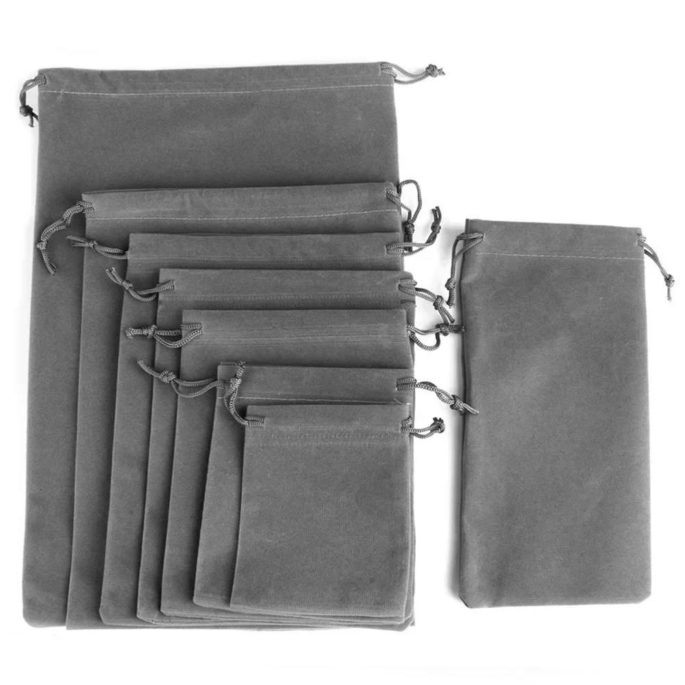 10-Pack Full-Size Gray Velvet Gift Bags – Luxe Drawstring Jewelry Pouches for Wedding Favors & Party Presents