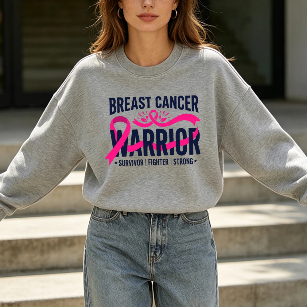 BREAST CANCER WARRIOR Survivor Fighter Sweater Unisex Long‑Sleeve Pullover Pink Ribbon Breast Cancer Support Theme Casual Gift