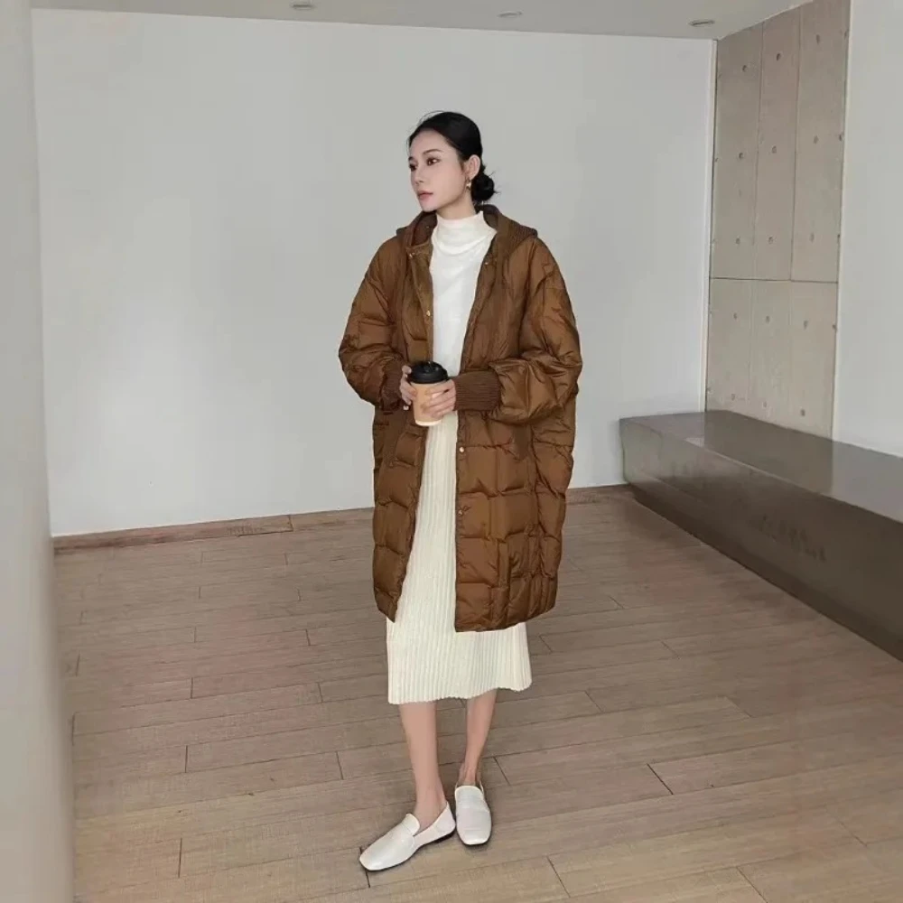 Women's 2025 Autumn Winter Mid-Length Down Jacket New Fashion Warm Knitted Hat White Duck Down Coat Winter Female Cold Jacket