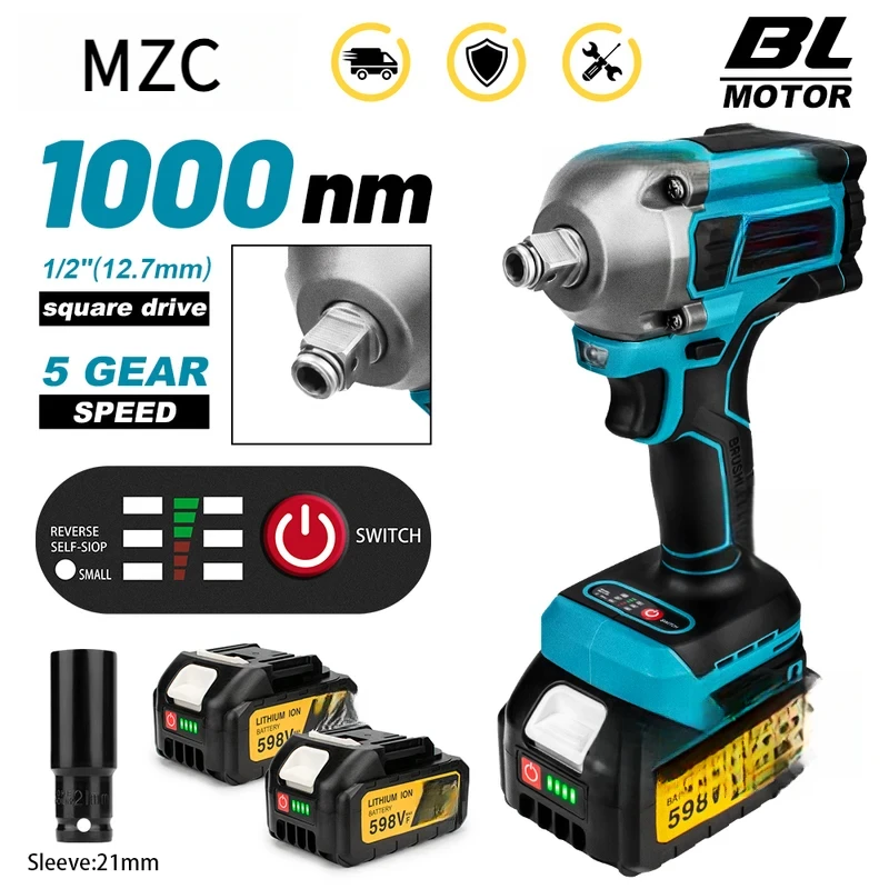 1000N.M Torque Brushless Electric Impact Wrench 1/2 inch Cordless Wrench Screwdriver Power Tools for Makita 18V Battery