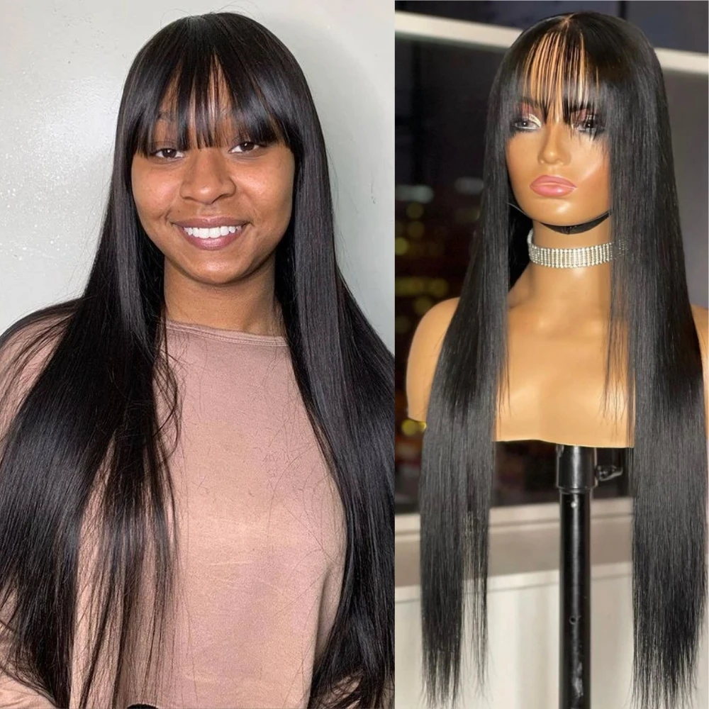 

3x1 Lace Brazilian 30 Inch Straight Human Hair Wig Straight Wig With Bangs Fringe Full Machine Made Wig Wear And Go Glueless Wig