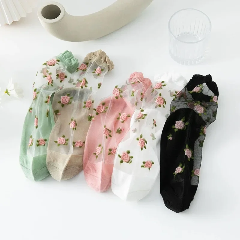 1 Pair Women Flower Sock Summer Lace Crystal Glass Silk Socks Short Thin Transparent Roses Jacquard Elastic Ultra Thin Socks