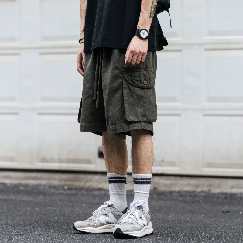 Men's Elastic Waist Casual Shorts 2023SS Japanese Unisex Multi Pocket Cargo Pants Cityboy High-end Label Half Trousers