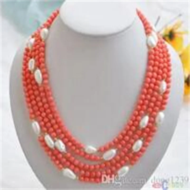 

5row natural 21 rose coral white Baroque pearl necklace