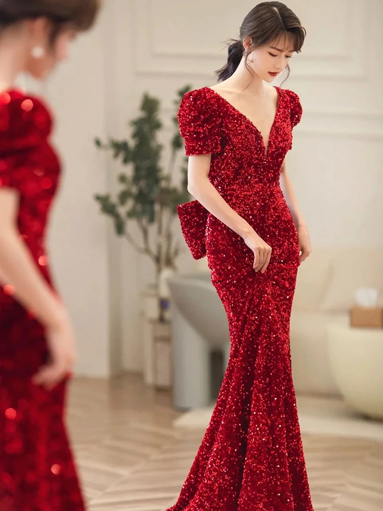 

Красное вечернее платье с пайетками для женщин, свадебное платье с блестящими пайетками, короткое или длинное платье для вечеринок и торжеств