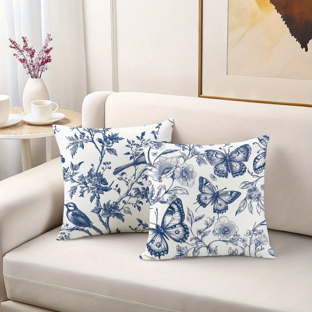 4pcs Boho Botanical Print Throw Pillow Covers, 18x18 Inch, Blue & White Floral & Butterfly Design, Soft Short Plush Polyester, Z