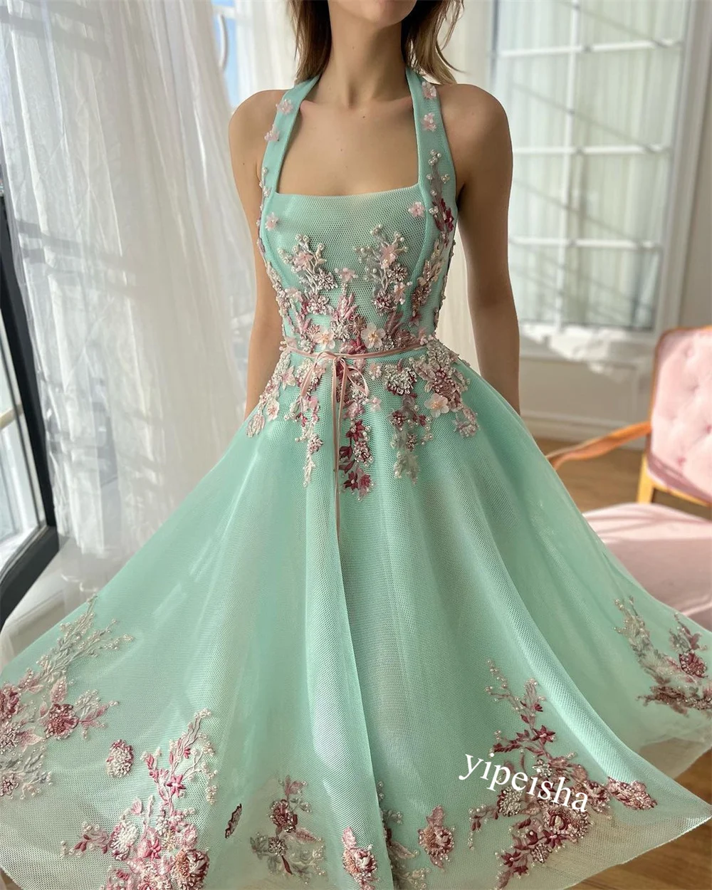 Vestido de baile formal com apliques de tule personalizado, halter, ocasião sob medida, longo, arábia saudita