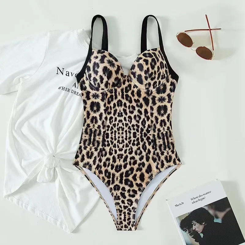 Maiô sexy com estampa leopardo feminino, uma peça, bodysuit ajustável, monokini, push up, roupa de banho sem encosto, biquíni feminino, novo, 2022