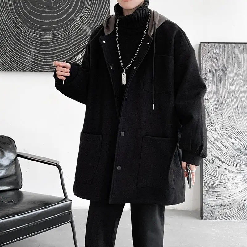 

Мужское пальто из шерстяной смеси, темно-синее, с удлиненными рукавами, свободного кроя, объемное, просторное, теплое