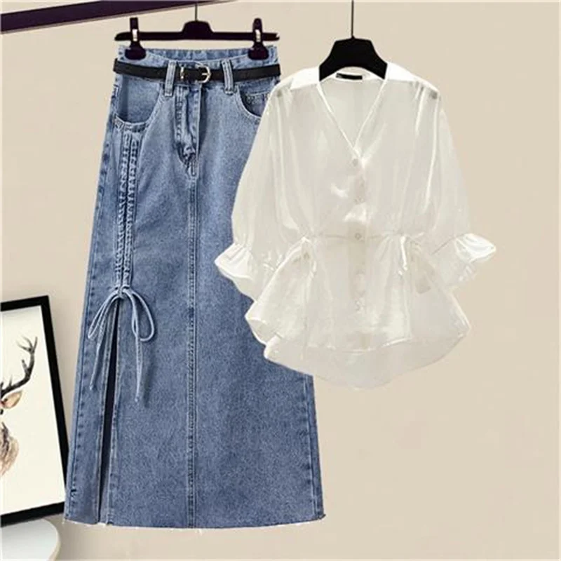 Large M-4xl Women's Spring And Summer Suit Fashionable Thin Age Reducing Shirt Short Sleeve Skirt Two Piece Set Women's Suit