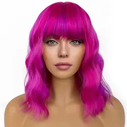 Synthetic wig holiday party straight Bangs cosplay water ripples curly hair rose Red wigs for women