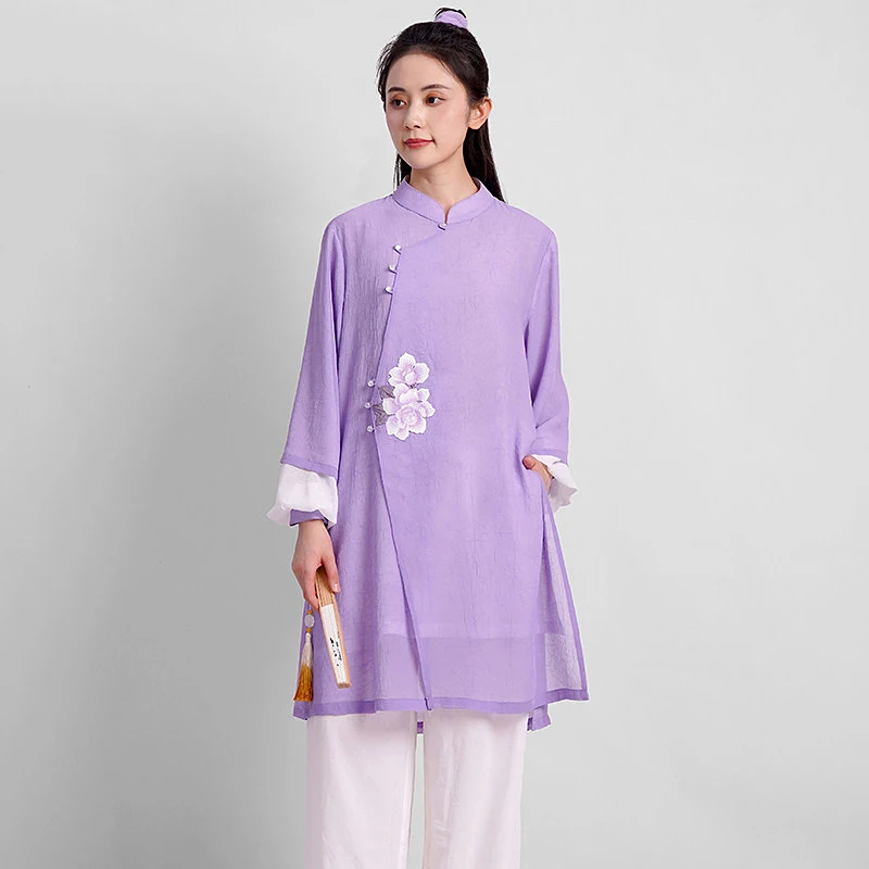 Women's Premium Spring Summer Tai Chi Uniform - Mauve Ramie Gauze, Flowy & Soft Martial Arts Outfit with Contrast Trim (Unisex)