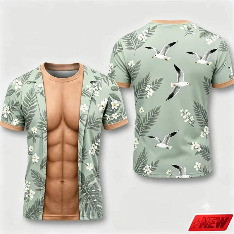 Men Funny Fake Muscle Abs T Shirt 3D Print Tropical Palm Leaf Floral Short Sleeve Tee Summer Vacation Party Novelty Casual Top