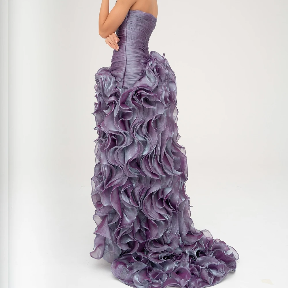 Exquisite Pleats Tiered Ruffles Mermaid Evening Dresses Graceful Strapless Organza Sleeveless Purple Party Gowns فساتين سهرة