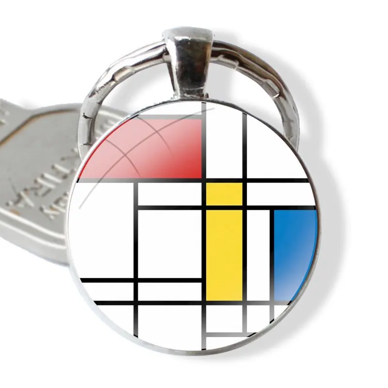 Keychain Handmade Glass Cabochon Key Ring Holder Pendant Key Chains mondrian Color