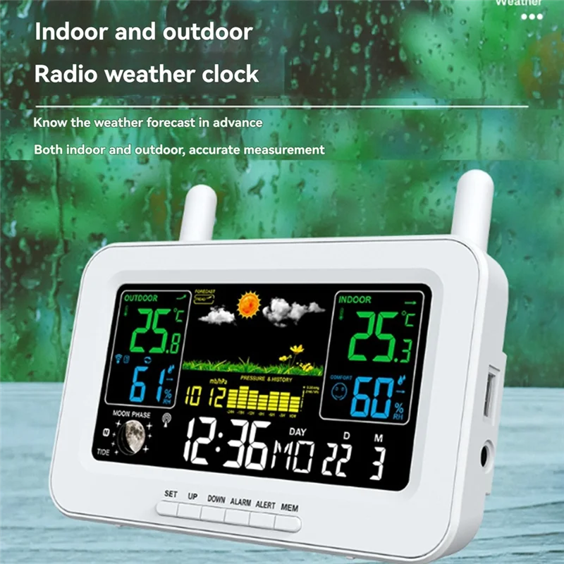 BNVN-Color Screen Digital Weather Station Sunrise And Sunset Thermometer Hygrometer With Wireless Outdoor Sensor EU Plug