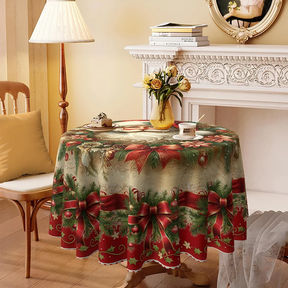 MerryChristmas retro vibe Santa bow print kitchen dining room round tablecloth, twill polyester material