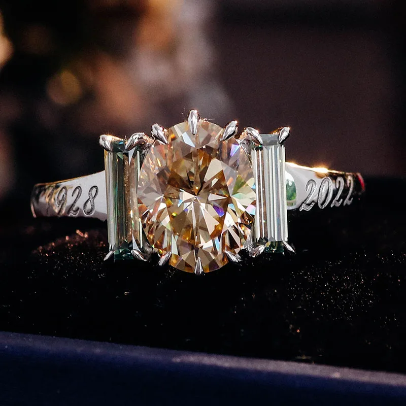 Provence 14K White Gold Three Stone Ring With 7*9mm Oval Champagne Moissanite Diamond For Women Customizable Engraving Gift