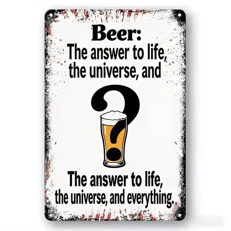 Vintage Distressed Iron Beer Sign - Beer: The Answer... Quote & Beer Glass/Question Mark Design, Retro Wall Decor for Bars, Home