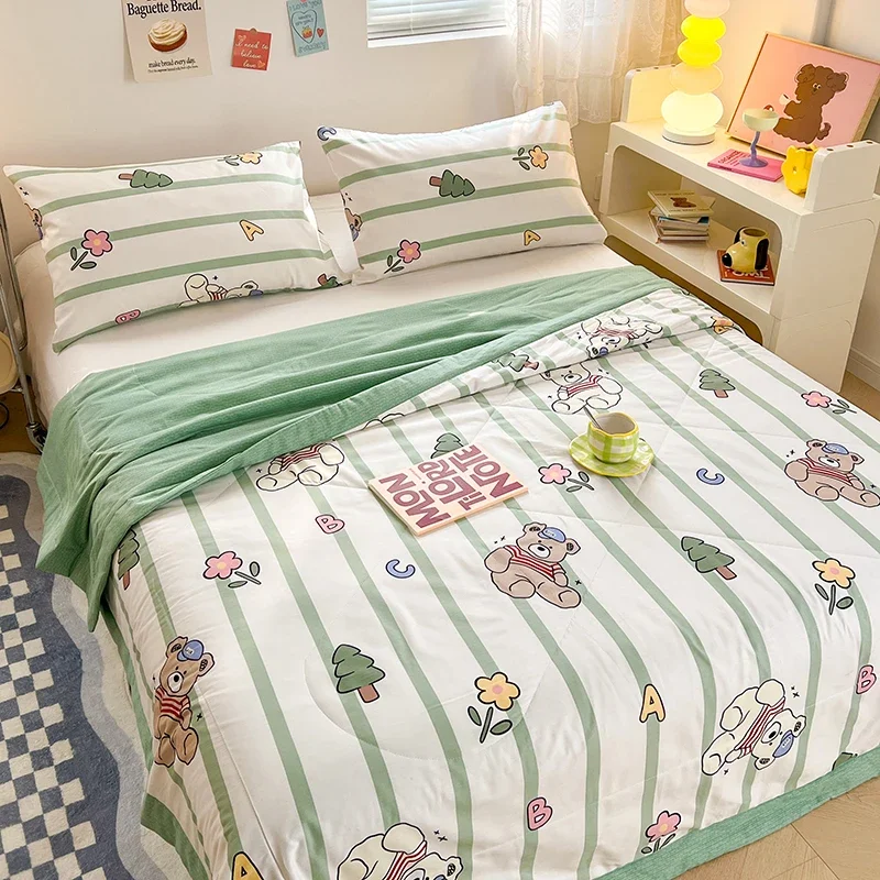 Cartoon Teddy Bear Summer Quilt 100% Cotton Air Conditioning Thin Comforter Skin-friendly Soft Thin Blanket for Kids Boys Girls