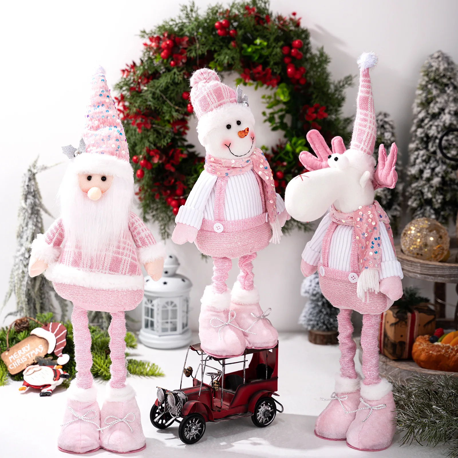 

Christmas decorations Christmas pink sequins retractable doll window Santa snowman elk ornament