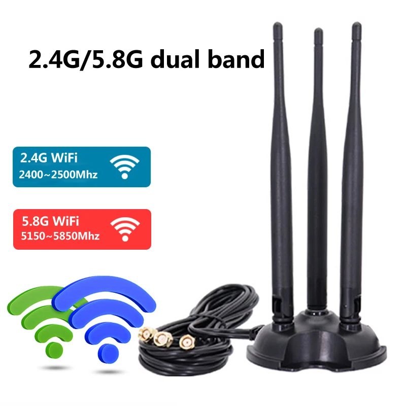 2*2/3*3 Long Range 2.4G 5G 5.8G Dual Band 12dBi Omni WiFi WLAN Antenna TS9 RP-SMA Extension Cable Length 2M