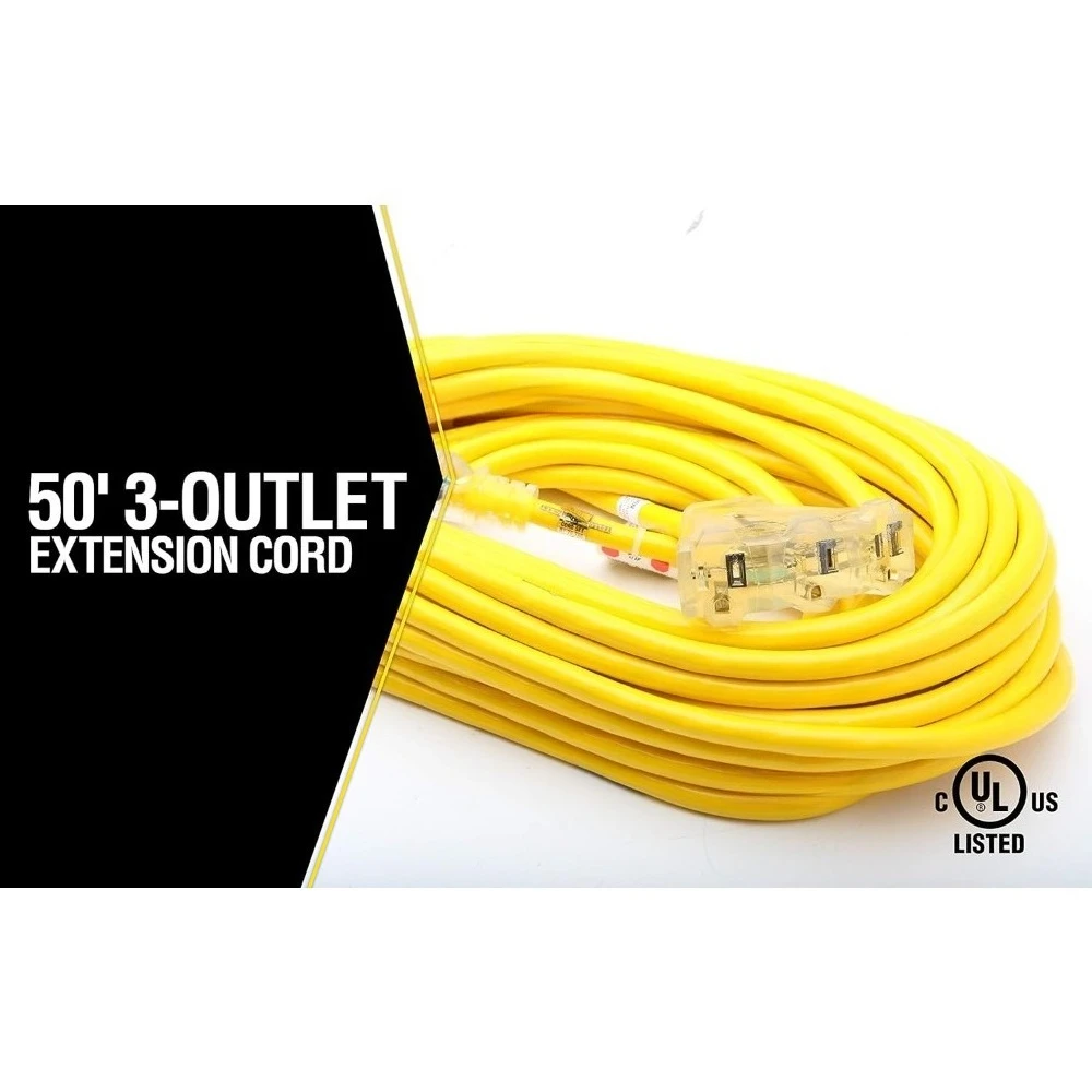 

50 FT Yellow Outdoor Extension Cord Heavy Duty 12 Gauge SJTW Weather Resistant High Visibility with Power Light