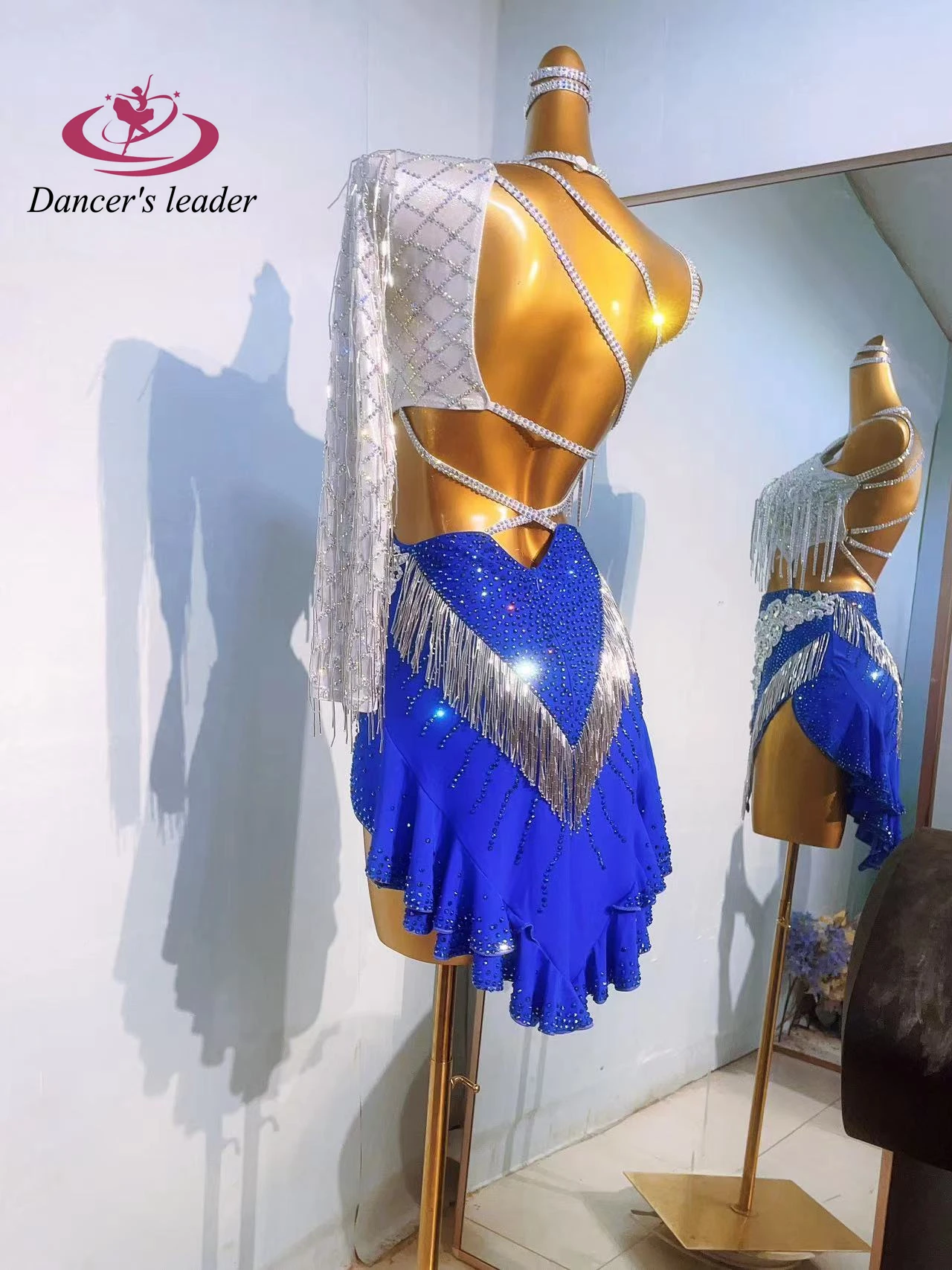 ラテンダンスステージラインストーン女性のハイエンドカスタムシルバーブラジャーブルースカートアメリカンサンバ服ドレス