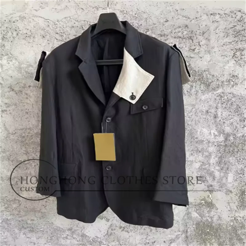 TOP-YAMAMOTO  Original handmade linen patchwork coat - black and white - irregular fringed jacket - fashion show presentation