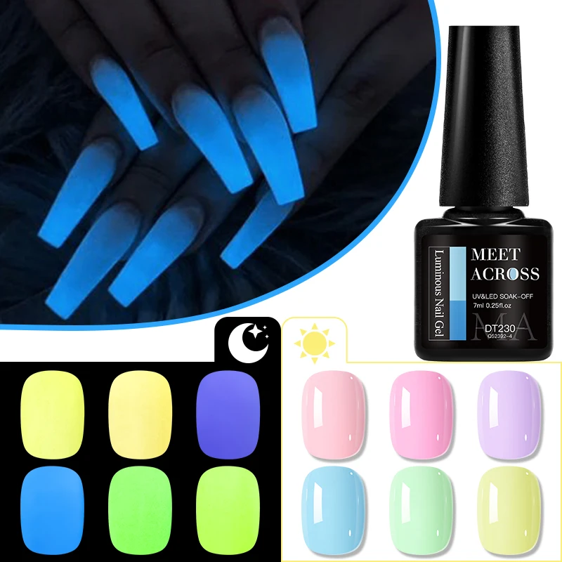 MEET ACROSS 7ml Luminous Gel Nail Polish Macaron Summer Candy Hot Colors Neon Glow-in-dark Soak Off UV LED Gel Varnish Nail Art