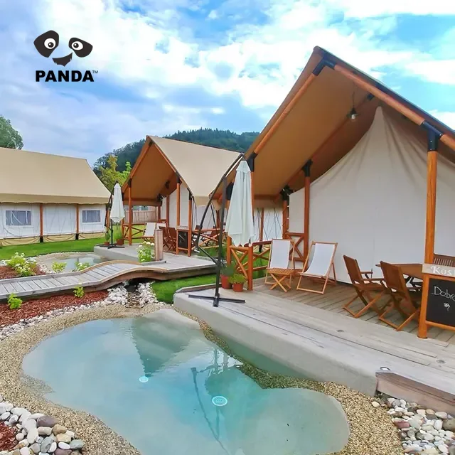 Wodoodporny odkryty luksusowy hotel Living Resort Lodge Niestandardowe bawełniane płótno Domy Drewno Safari Glamping Z łazienkowymi namiotami Safari