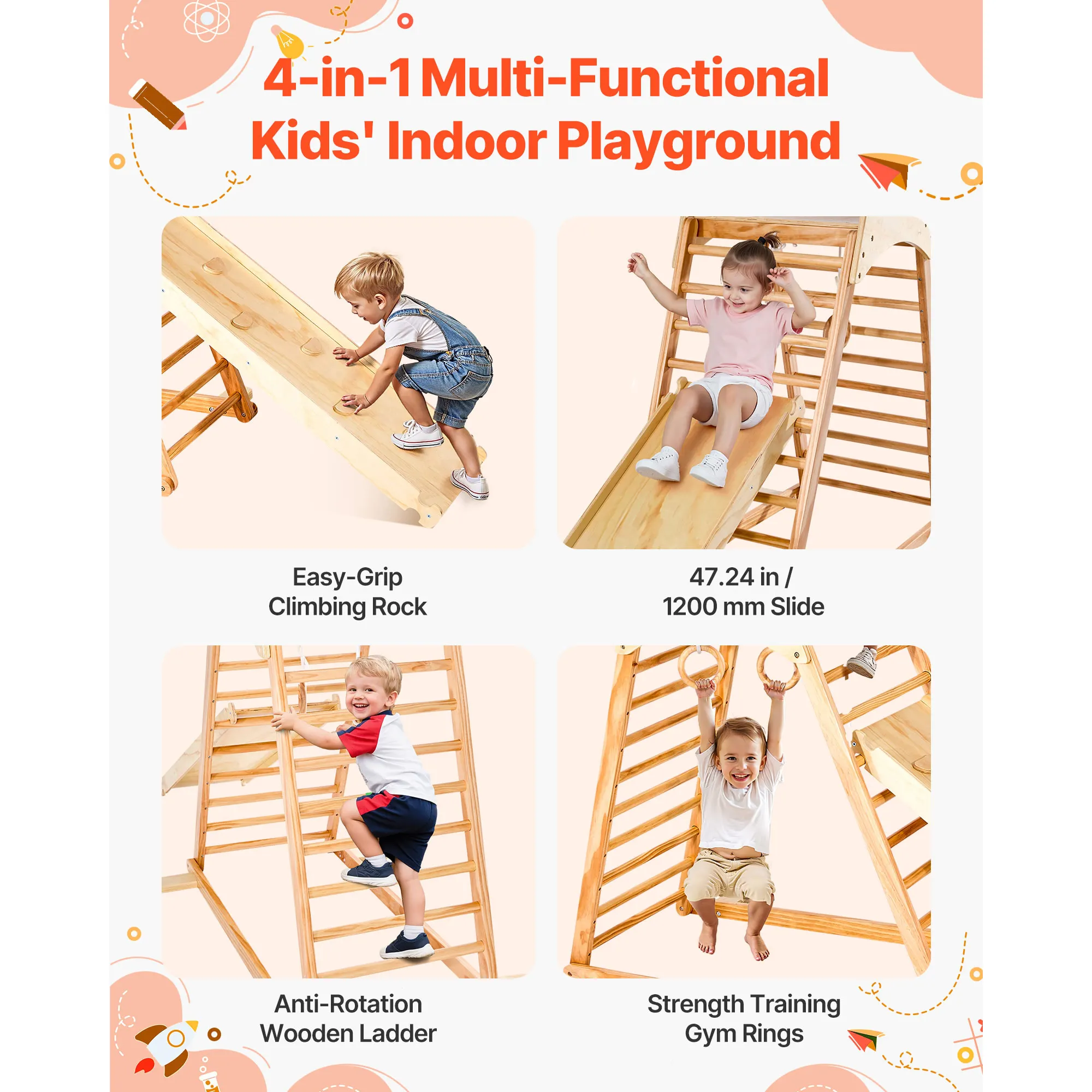 Indoor Playground Jungle Gym, 4-in-1 Wooden Indoor Playground Climbing Toys for Kids, 220LBS Loading, Montessori Toddlers Climber Playset with Climbing Rock, Slide, Wooden Ladder & Gym Rings
