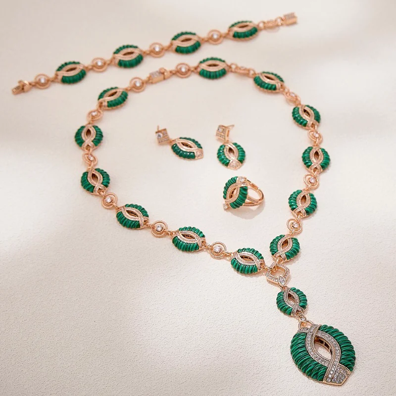 Designer Collection Ring Earrings Bracelet Necklace Inlay Cubic Zircon Pink Mother Of Pearl Malachite Turquoise Jewelry Set