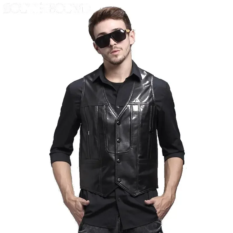 2023 Men Biker Vest Sleeveless Leather Motorcycle Waistcoat Gilet Homme Chalecos Para Hombre Multi Pocket Vest Leather Vest Men